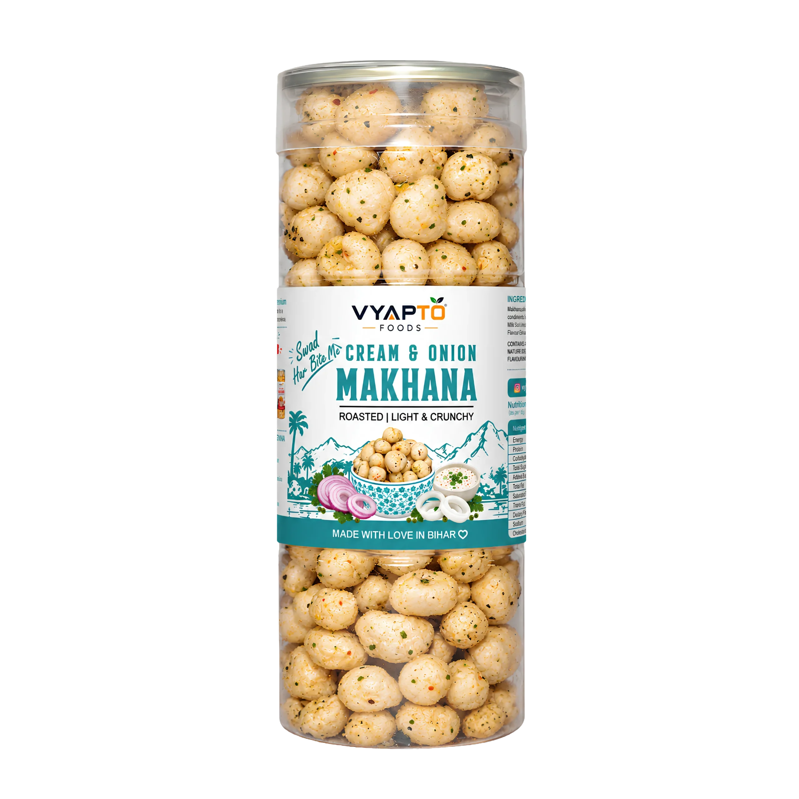 28 Cream & Onion Flavoured Makhana 90 g Jar | Roasted Fox Nuts Snack | Vyapto Foods - Image 1