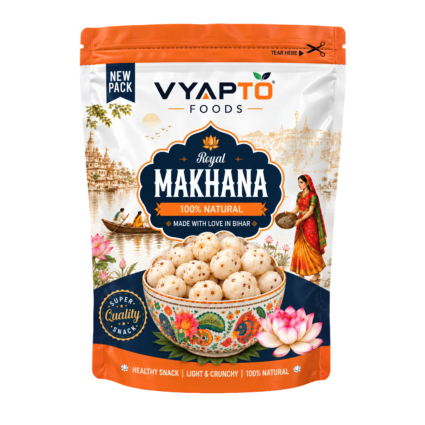 49 Royal Raw Makhana 100 g | Plain Fox Nuts | Stand-Up Pouch | Vyapto Foods - Image 1