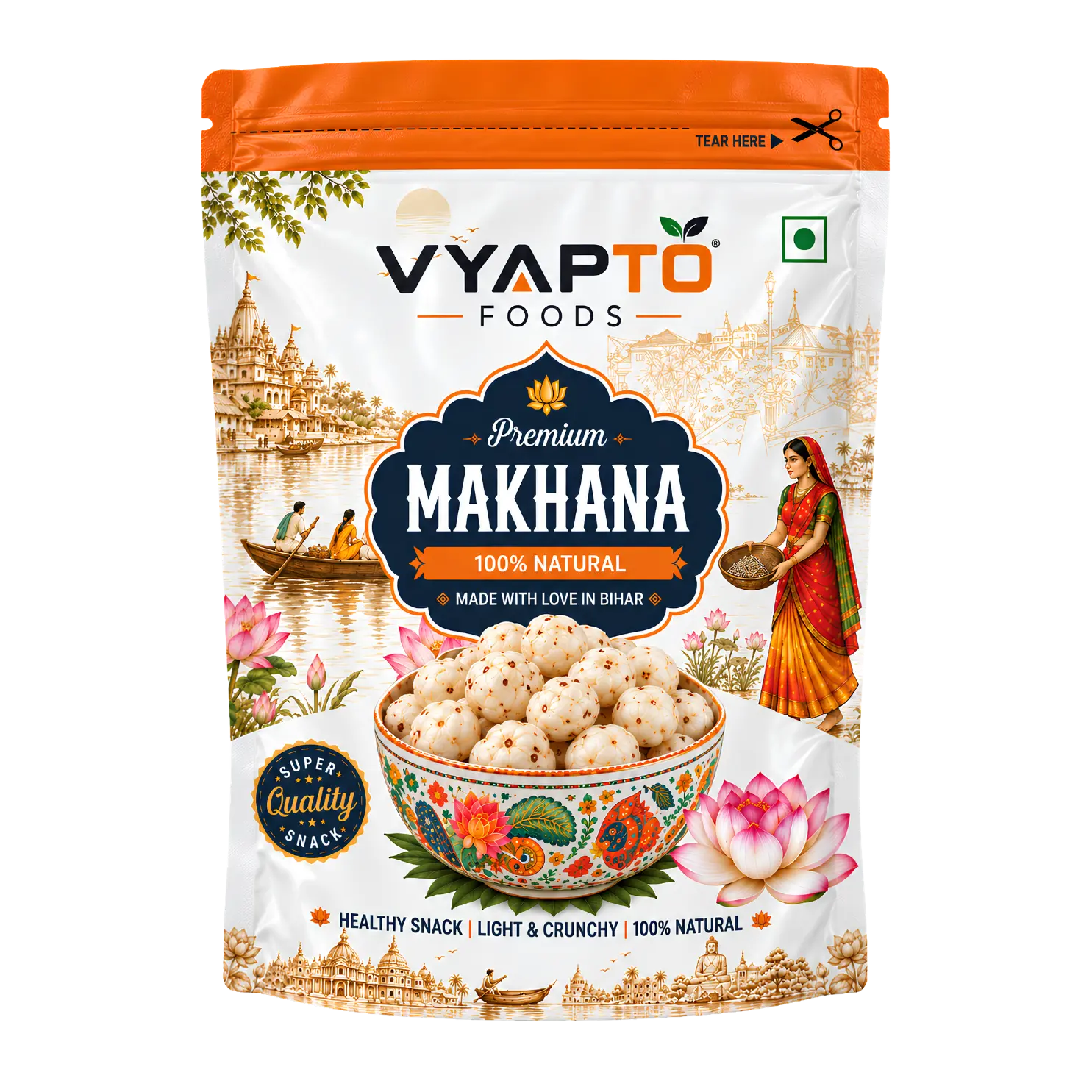 52 (1) Premium Raw Makhana 100 g | Plain Fox Nuts | Stand-Up Pouch | Vyapto Foods - Image 1